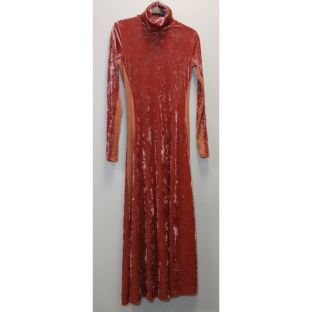 House Of hah women small maxi long dress crush velvet rose gold turtleneck ankle